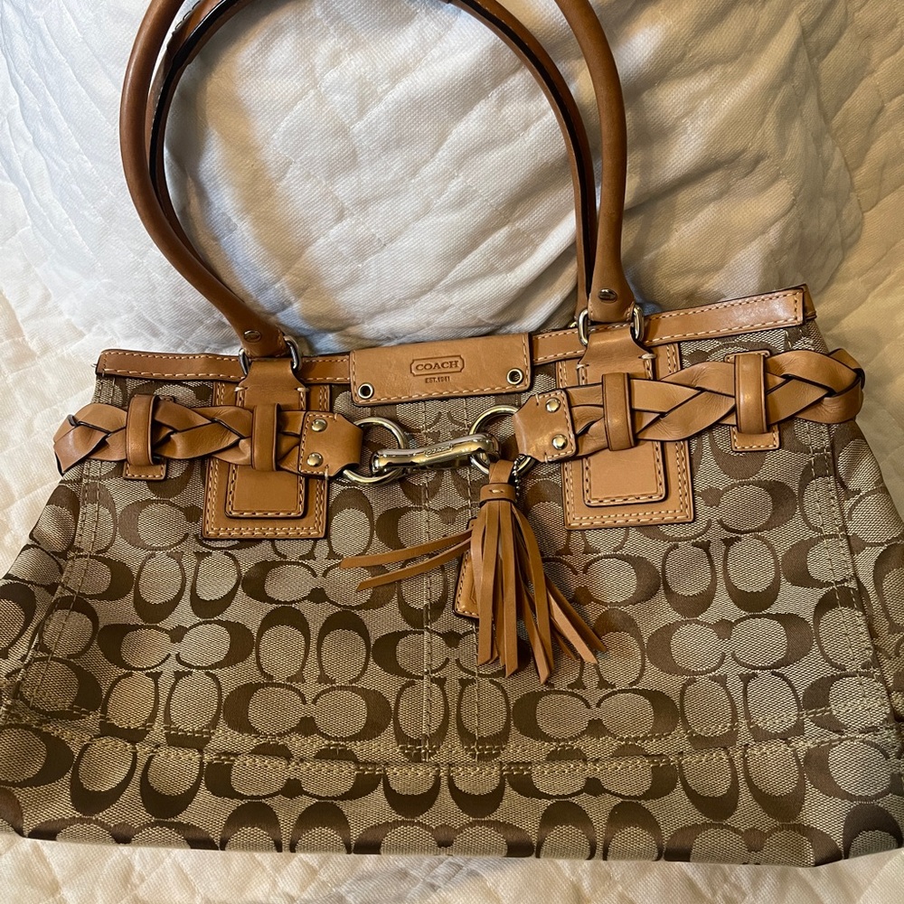 Vintage Coach Tan and Brown Signature Shoulder Bag,pre-owned